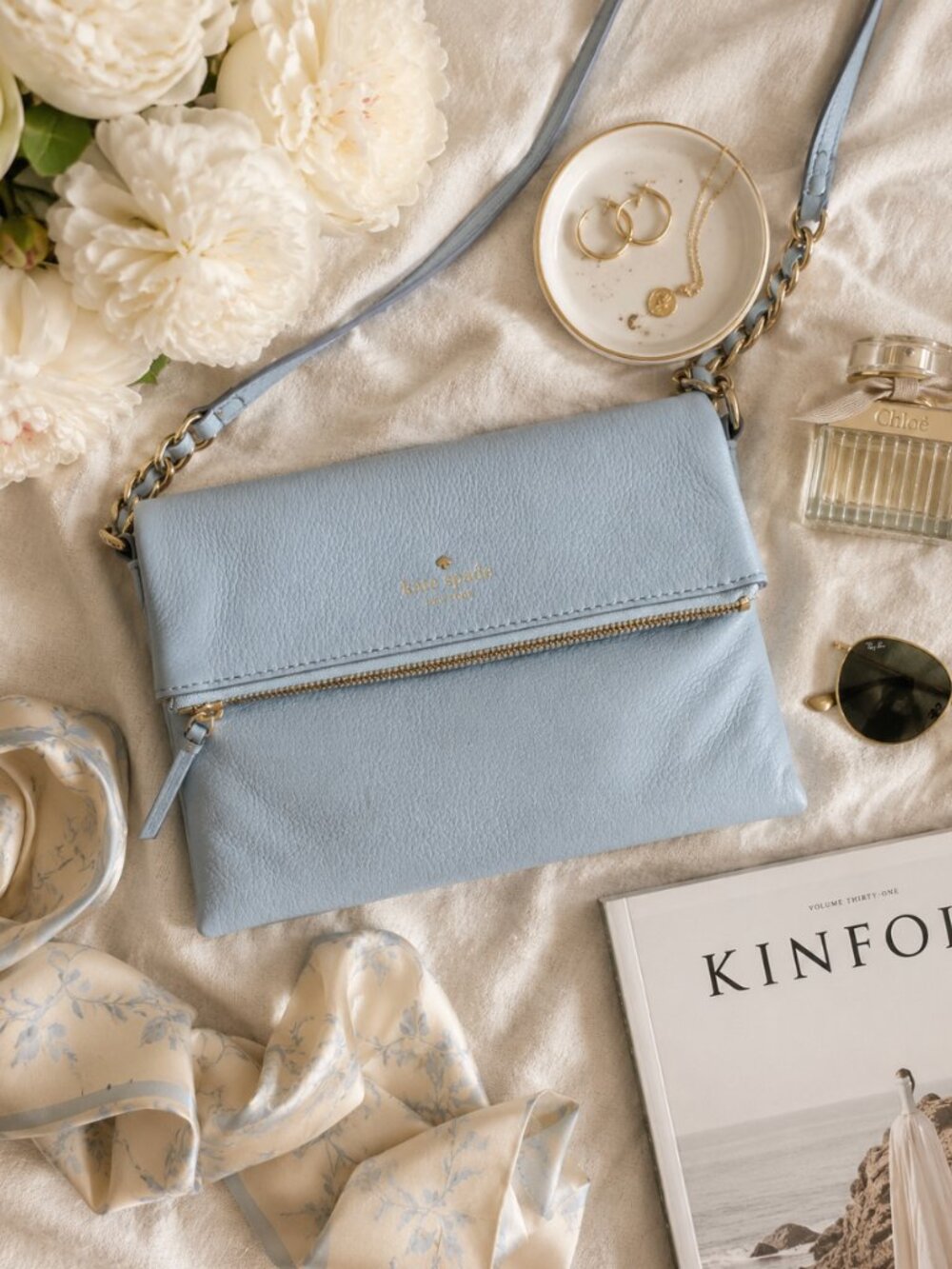 Kate Spade Cobble Hill Krista Foldover Crossbody Bag Light Blue Pebbled Leather